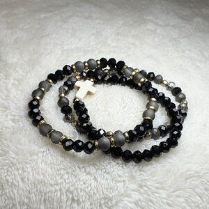 Beaded Bracelet Set of 3 w/Cross Charm on Black & Mirrored Grey & Gold Tone NWOT
